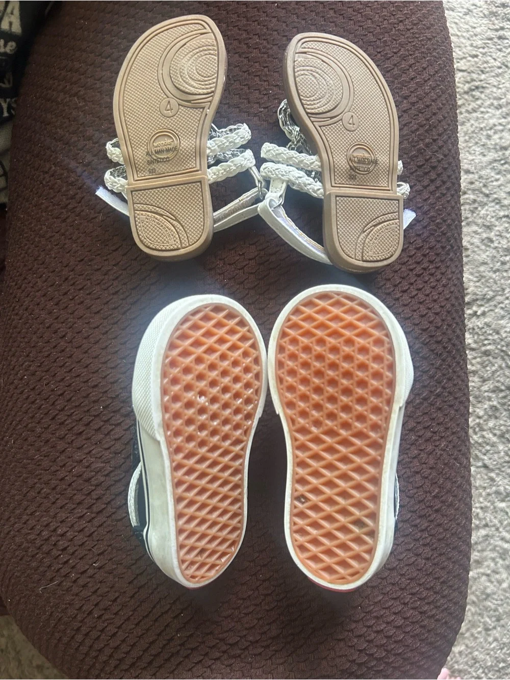 Vans Toddler Black and White Hook-and-Loop Skate Shoes and girl Sandals.